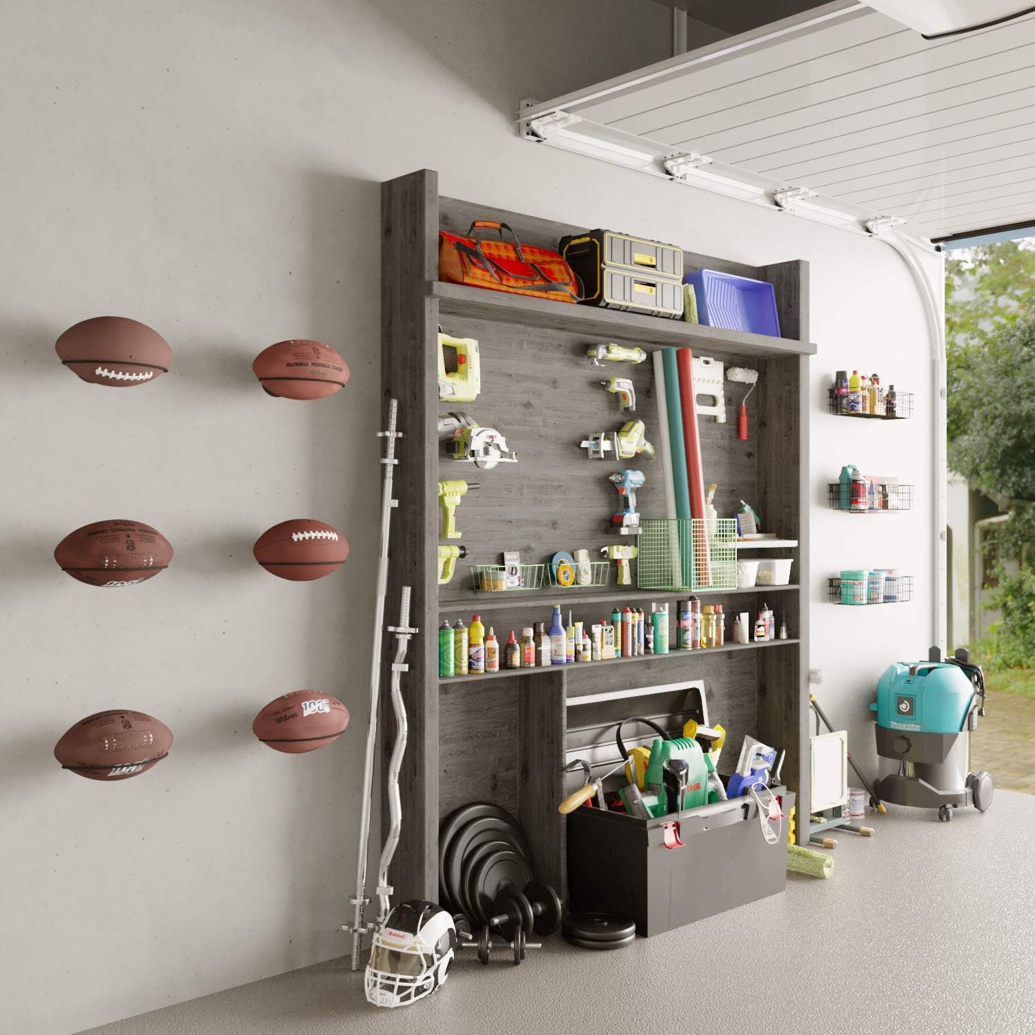 Wallniture SPORTA Wall Mount Football Ball Holder Organization and Storage Rack, Football Holder for Garage Organization, Sports Office Decor Metal Black Set of 6