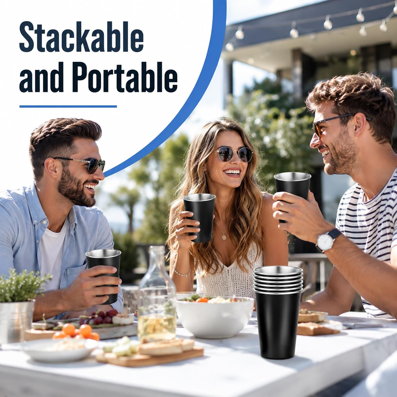 6 Pack Stainless Steel Cups 16 oz Pint Tumbler Metal Cups Unbreakable Black Stackable Metal Drinking Glasses for Bar Home Restaurant Travel Picnic Camping Outdoor, Black image 5