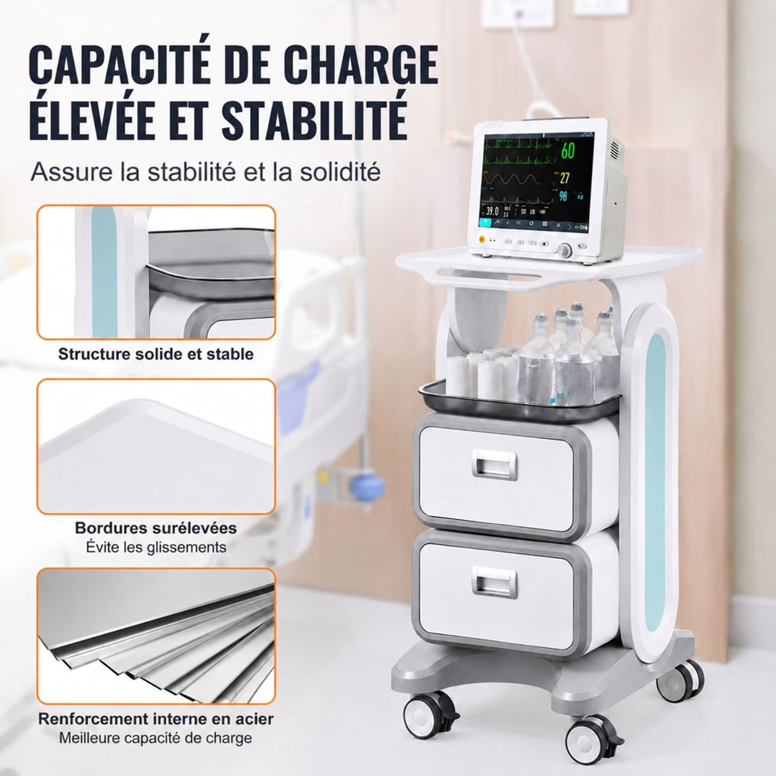 Chariot de Laboratoire à 3 Niveaux avec 2 tiroirs, Blanc, Chariot de Service pour Rangement et Transport