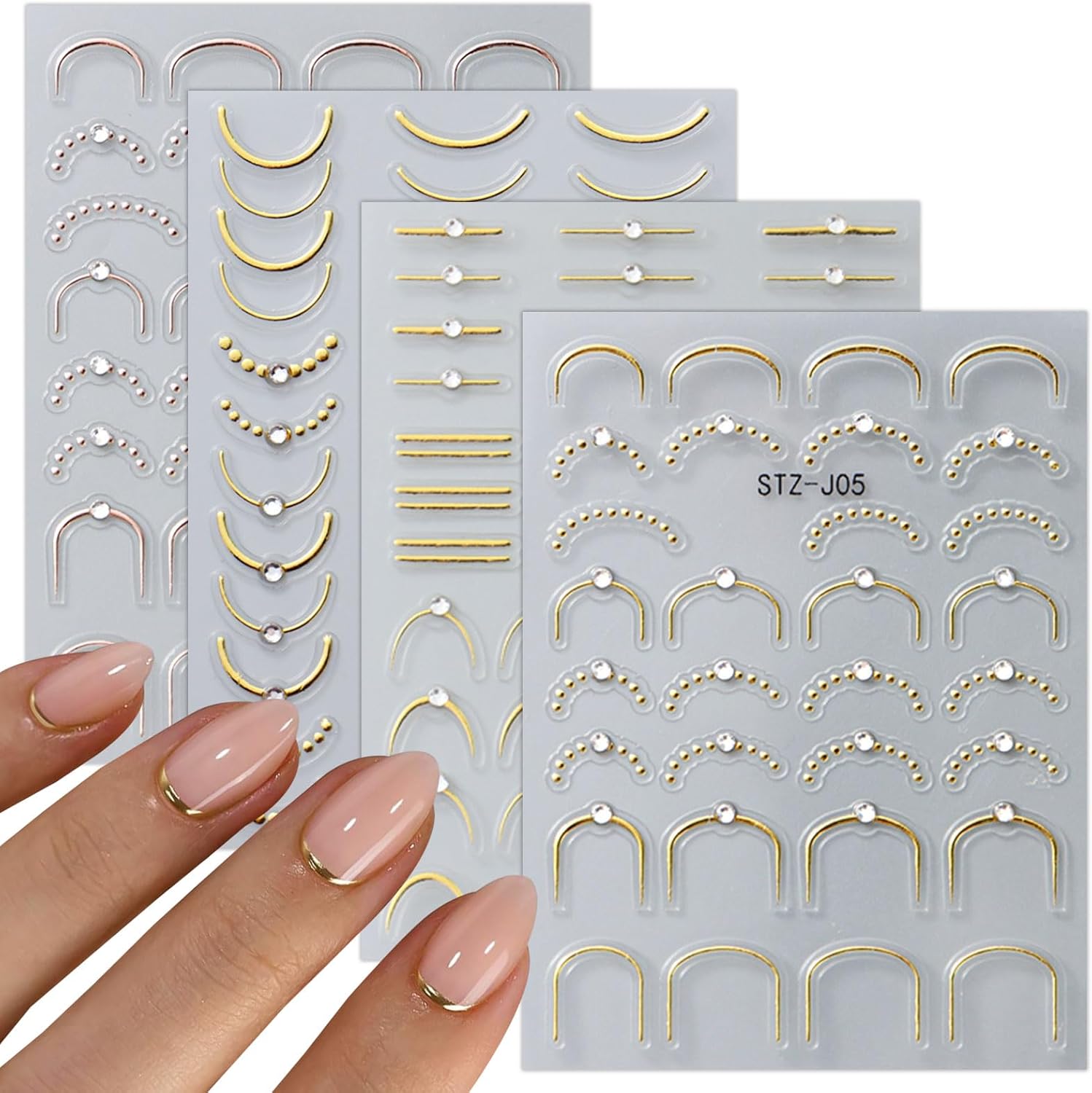 JMEOWIO 3D Franse Tip Gouden Lijn Nail Art Sticker 4 Vellen Nagelsticker Zelfklevende Nagel Decoratie