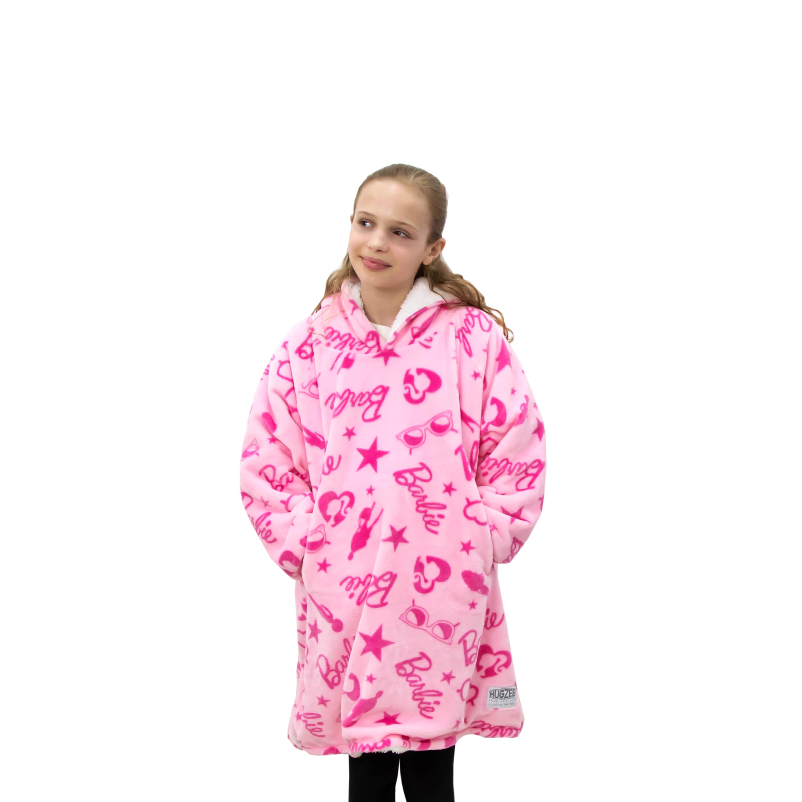 Character World Hugzee Oversized Wearable Hooded Fleece | Super Warm and Cosy Sherpa Lined, Barbie Design | Perfect For Kids Aged 7-12 Years, One Size Suggested Height 75cm+ | Pink