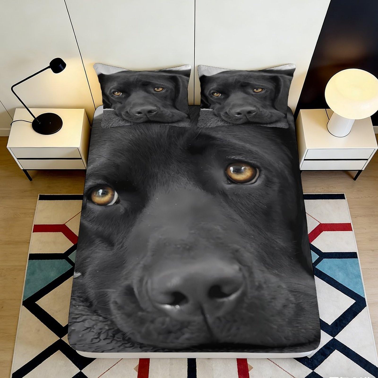 3D Printed Black Labrador Dog Fitted Sheet Microfiber Soft Breathable Animal Face Bed Cover for Bedroom Decor 120x200x25cm