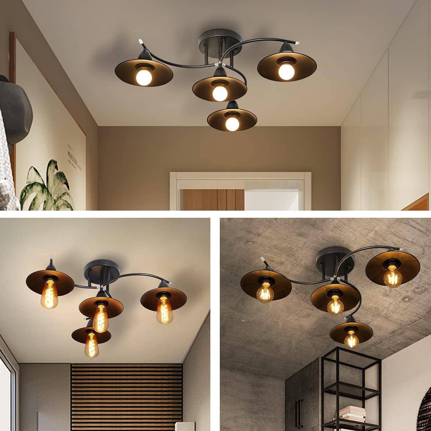 GBLY 2× Deckenlampe Vintage Deckenleuchte E27 Retro Schwarz Wohnzimmerlampe | 4 Flammig Industrial Flurlampe Innen Schlafzimmerlampe Esszimmerlampe Wohnzimmer Beleuchtung - Leuchtmittel nicht enthalten