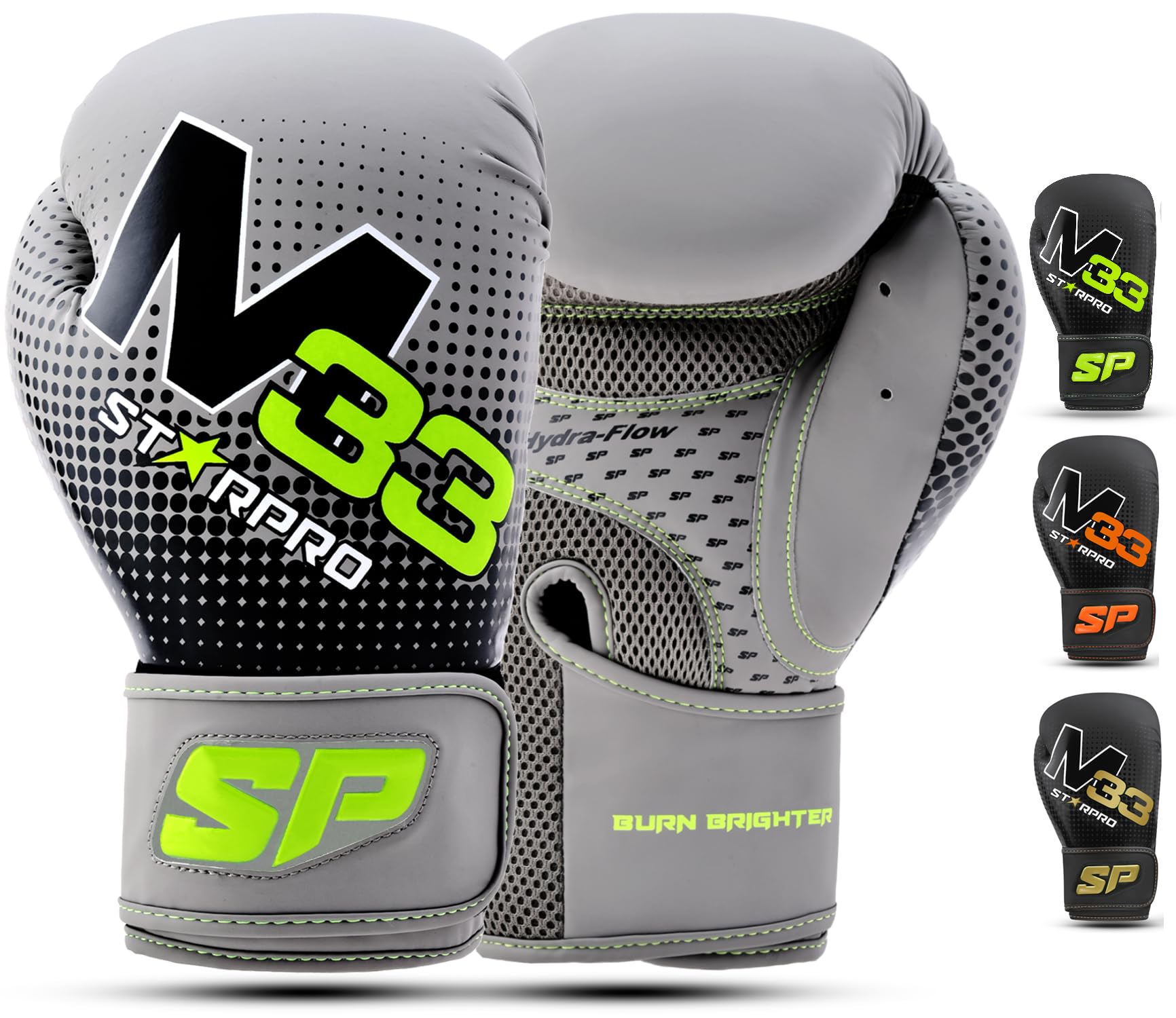 Starpro Black Gloves - 8oz 10oz 12oz 14oz 16oz - Boxing Gloves for Training Sparring - Men and Women - One Piece Padding - Wrist Protection - Breathable Matte Grey/Neon Green 8oz