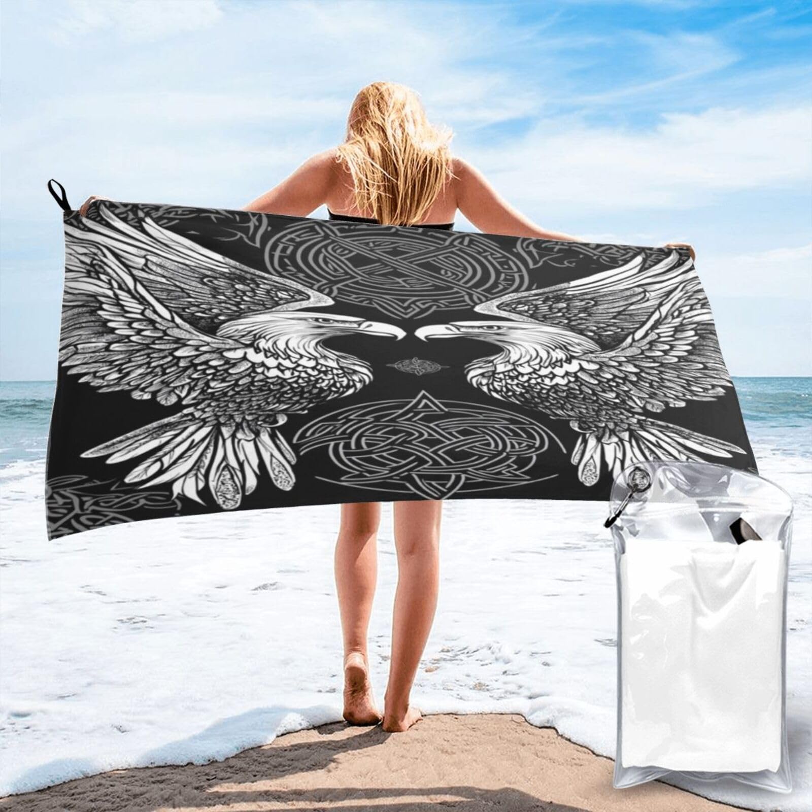 Anceky Intricate Black and White Eagle Drawing Quick Dry Microfiber Travel Towel with Carry Case and Carabiner 27.5"X55"