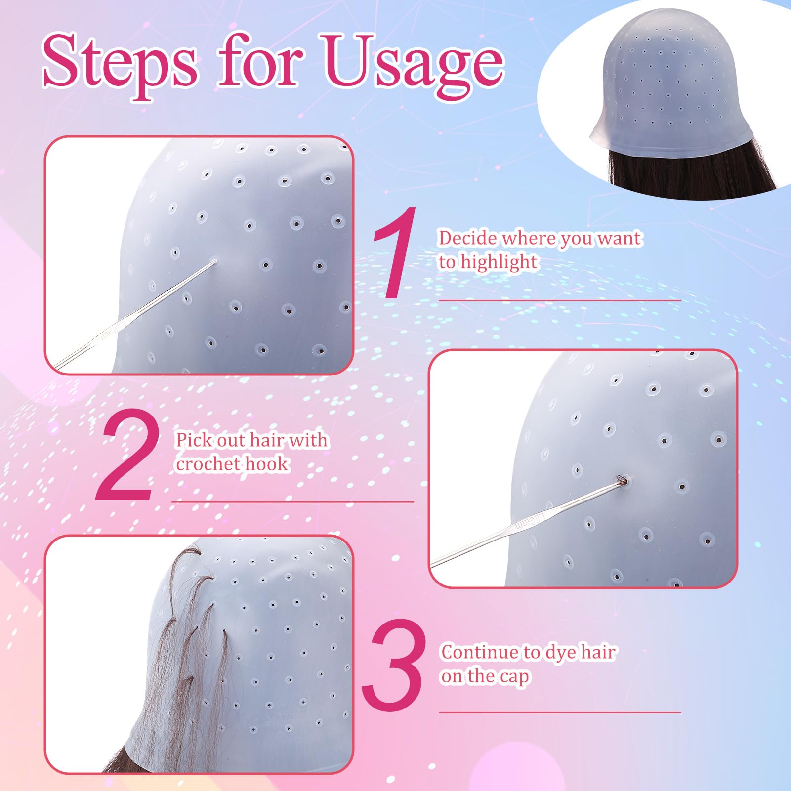 7 Pcs Bonnet Meches Cheveux Trous Pré-percés Bonnet Meche Cheveux Professionnel Kit Coloration Cheveux Bonnet pour Meches et Balayage Casquette pour Coloration pour Femmes Filles