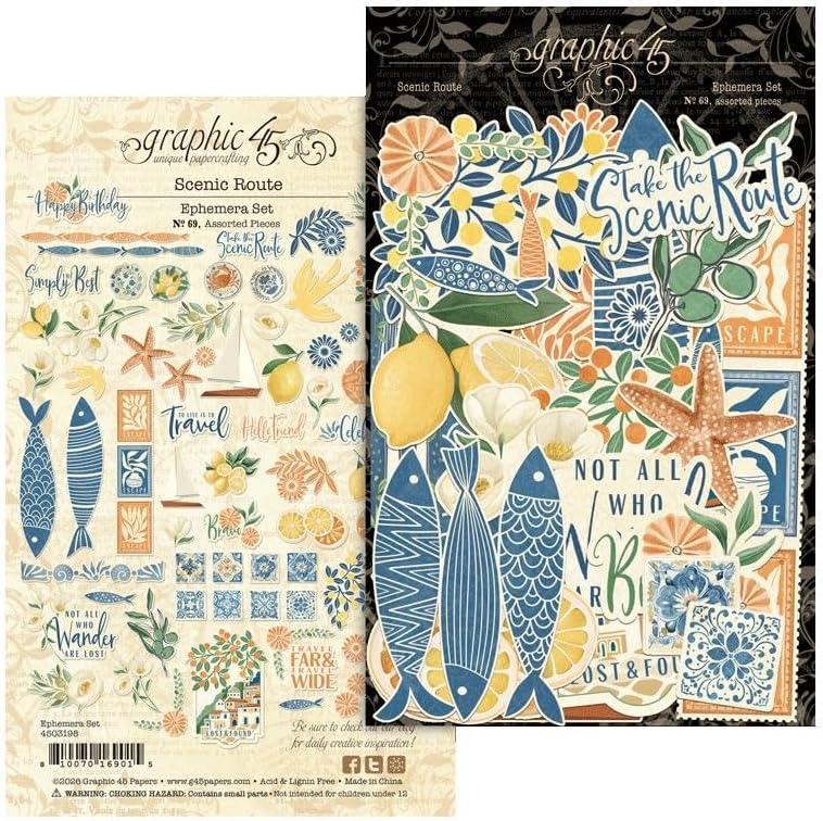 Graphic 45 Scenic Route Decorative Papers - 8x8 Paper Pack and Ephemera Die-Cuts