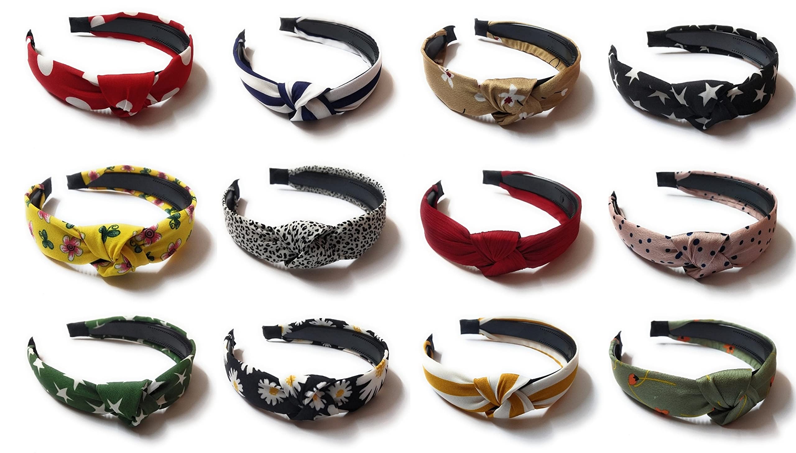 Mom's DarlingKorean Style Solid Cotton Fabric Polka Dot Knot with Tape Plastic Hairband for Baby Girls, Girls and Women, Pack of 12 - Multicolor