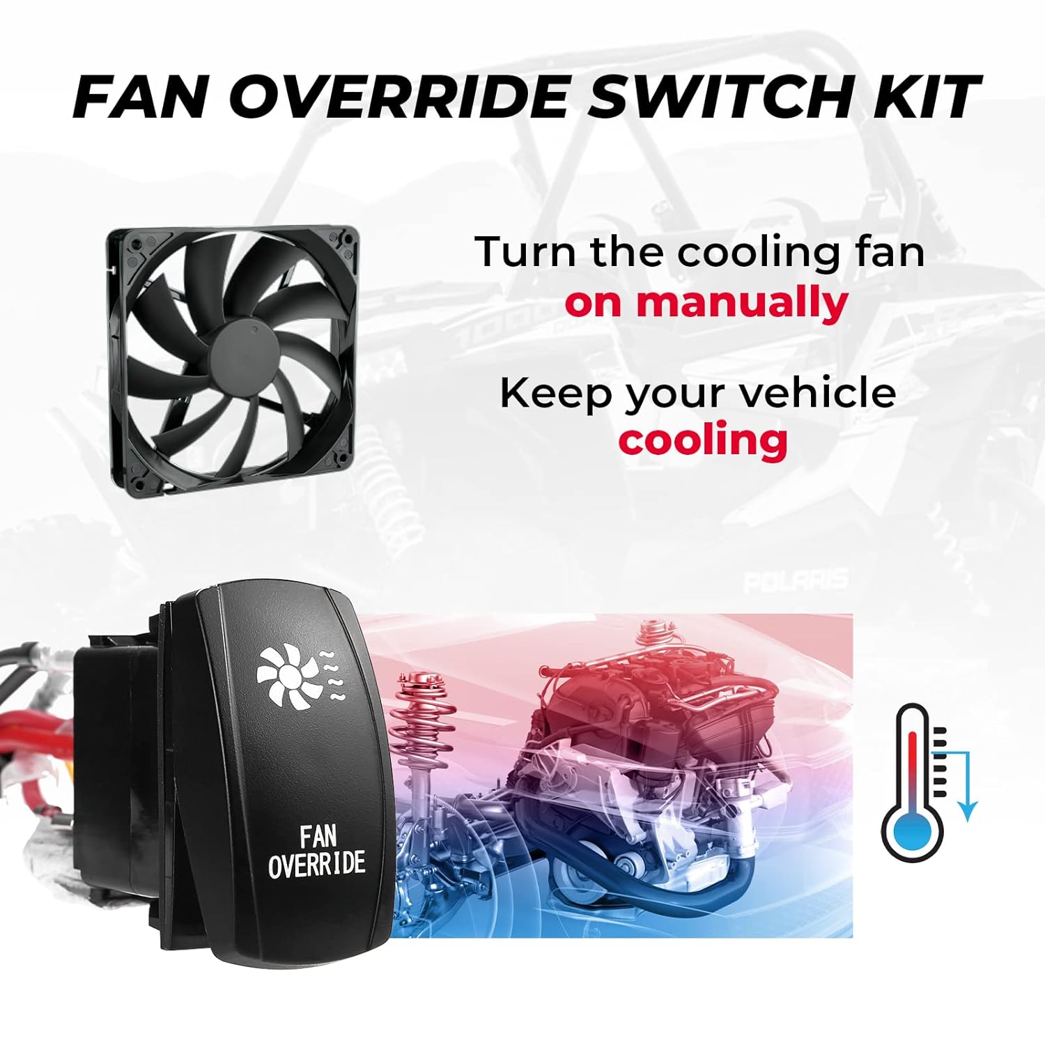 KEMIMOTO Upgraded Fan Override Switch Kit with Relay, LED Rocker Switch, Heat-Resistant Wiring for Engine Cooling, Compatible with Polaris RZR, Ranger, Can-Am X3, Maverick, Defender
