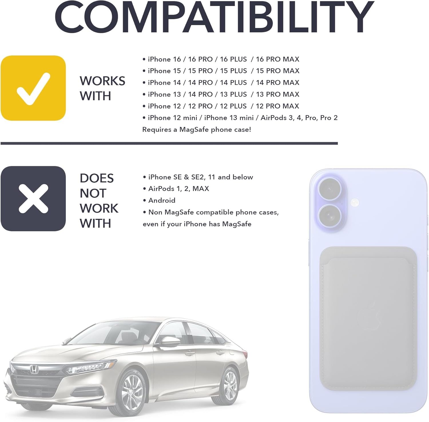 TWRAPS Wireless Phone Charger (Matte Black) for 2018-2022 Honda Accord Compatible with MagSafe iPhone 16 15 14 13 12 - Magnetic Center Console Phone Mount Charging Pad