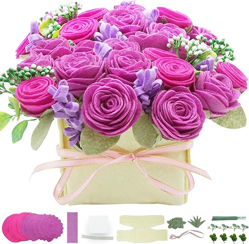BAZIMA Kit de manualidades de flores de fieltro para bricolaje, kit de fieltro de rosa y lavanda, regalos florales - Organiza flores precortadas y