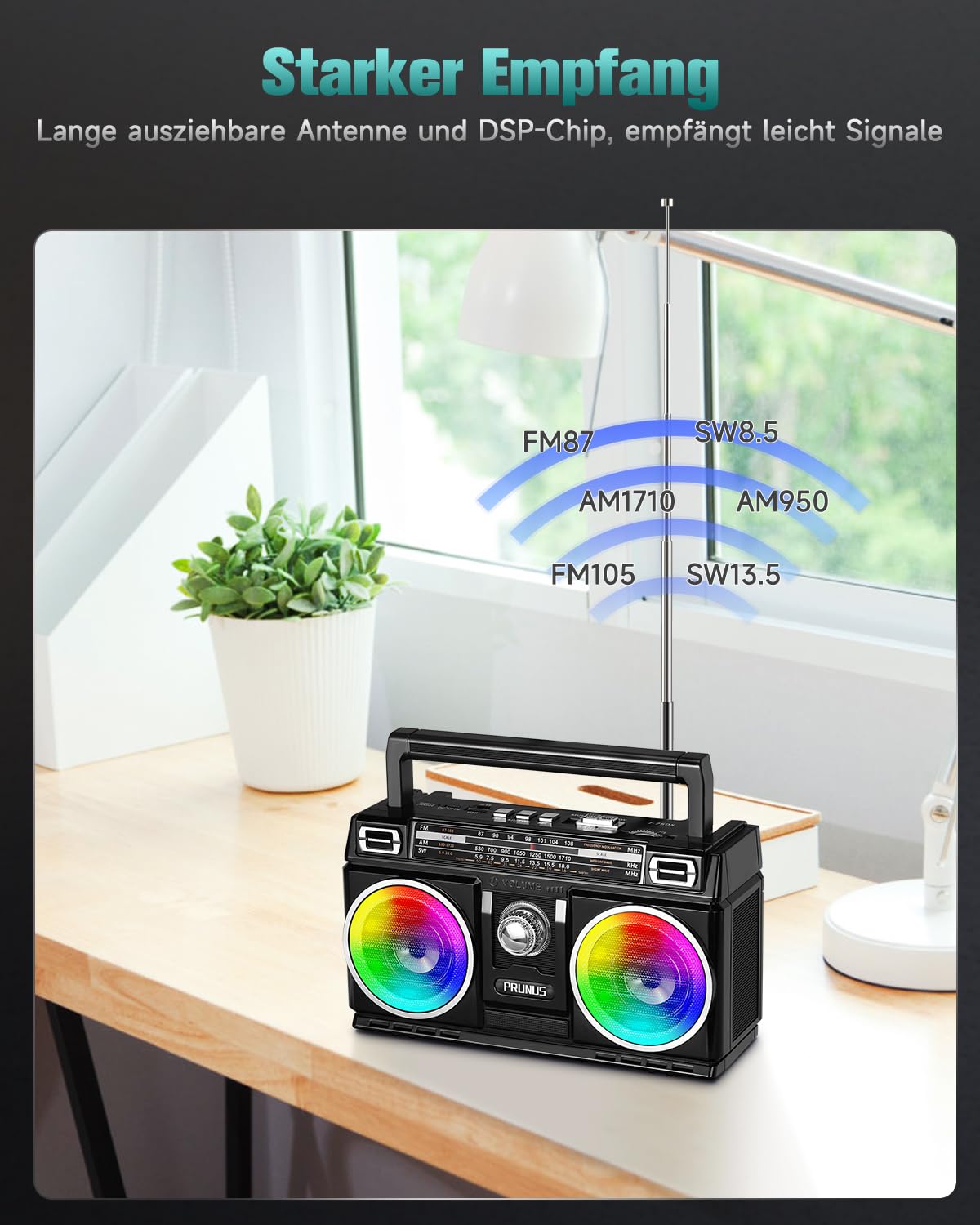 PRUNUS J-750 Retro Radio FM/AM/SW Transistorradio, Tragbares Radio mit 1800mAh Akku, Solar/USB-C Aufladbar, Buntes Licht, Nostalgie Radio mit Bluetooth Unterstützt USB/TF-Karte Spielen.