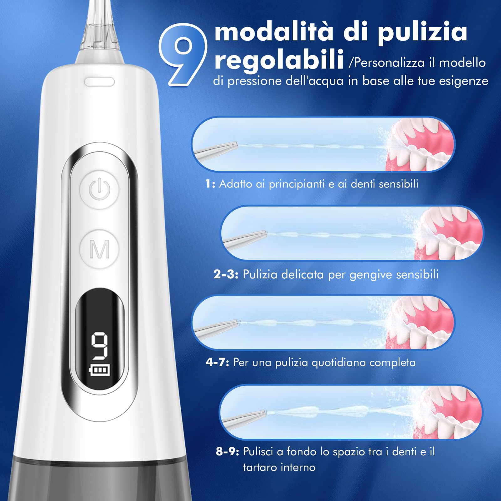 Idropulsore Dentale DIHOOM, Irrigatore Orale 300ml Professionale 9 Modalità e 4 Ugelli, Water Flosser USB Ricaricabile e IPX7 Impermeabile Idropulsore Dentale Portatile pe (Bianco)