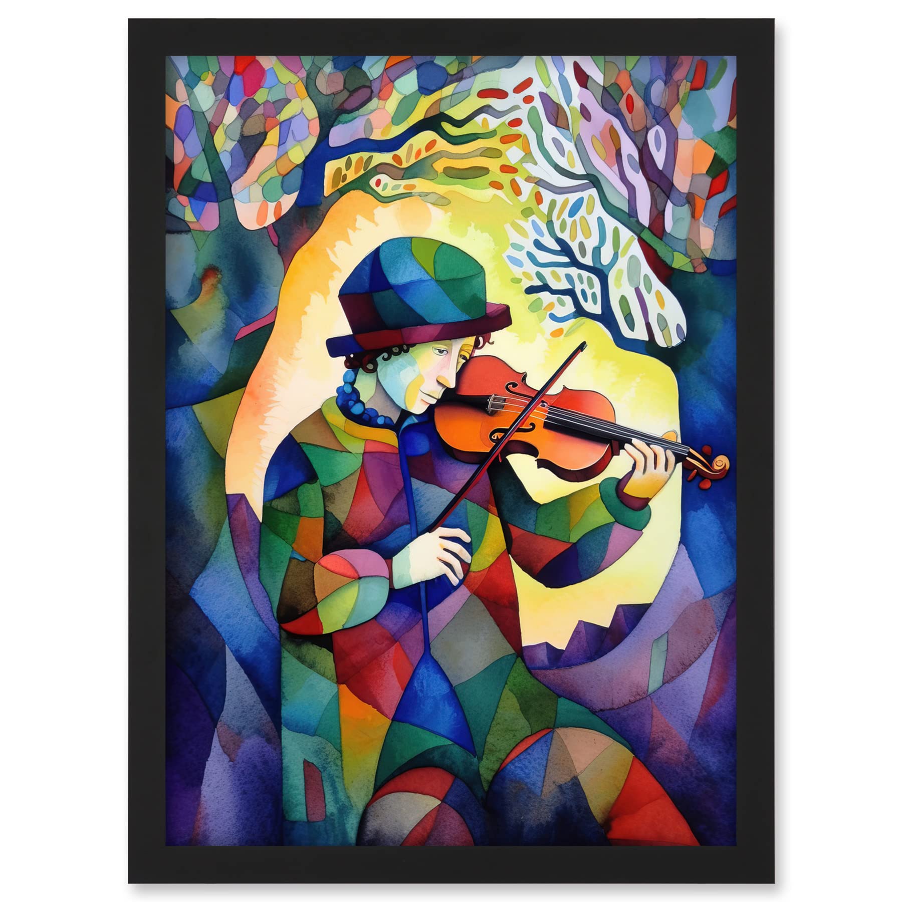 Artery8 Fiddle Player In Forest Folk Art Watercolour Painting Artwork Framed A3 Wall Art Print
