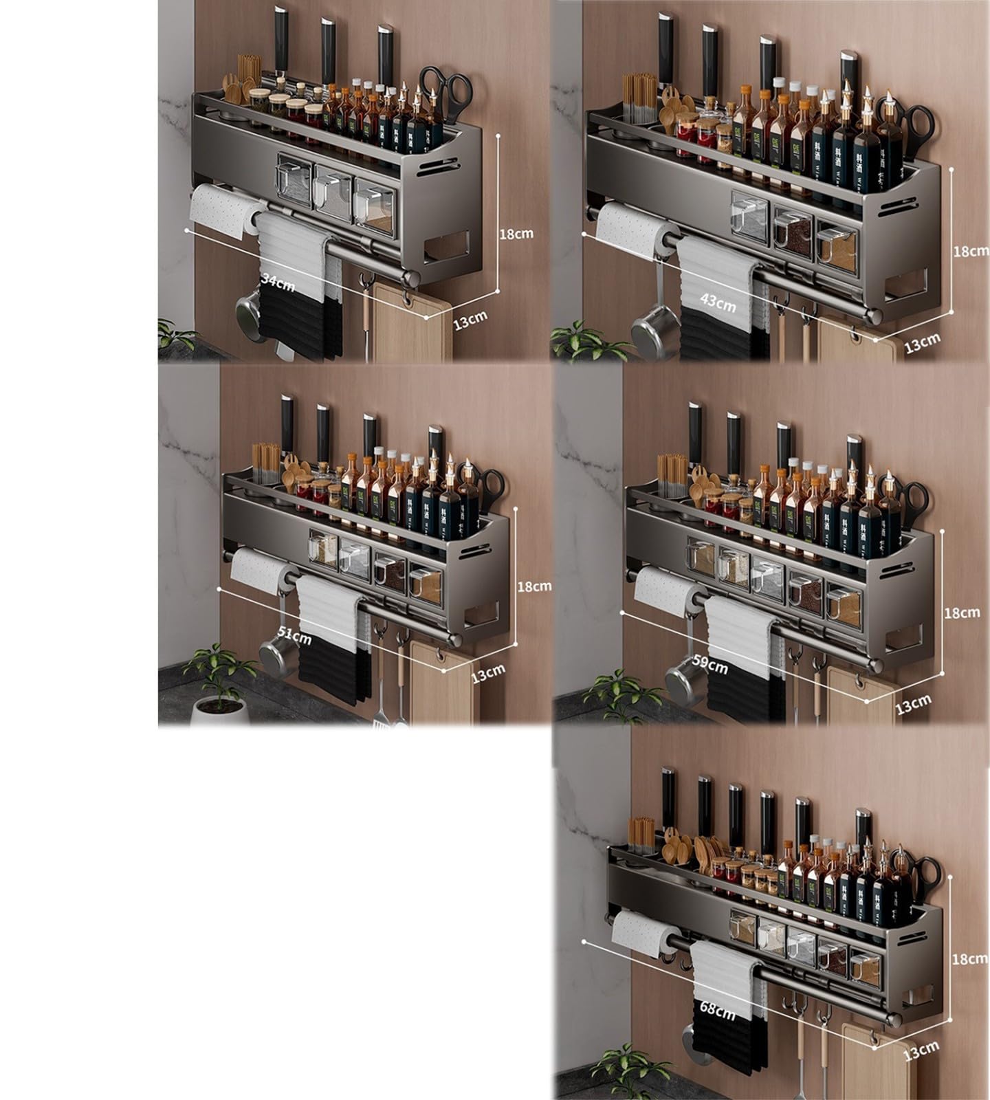 BLUEZY Gewürzregal Wand Mit Küchenrollenhalter Und Haken Und Gewürzbox, Kräuterregal Küche Gewürzregal Wand Küchenregal Ohne Bohren Aus Metall, Spice Rack, Gewürz Organizer Hängend Für Küchen 51cm