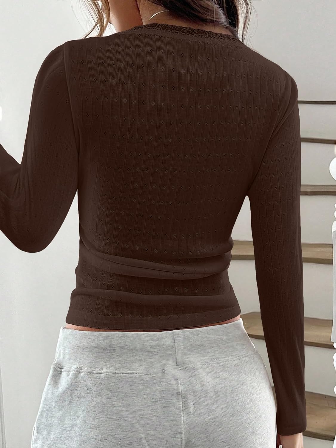 Women Y2k Lace Trim Scoop Neck Button Pointelle Crop Tee Tops Slim Fit Long Sleeve Aesthetic Fall Henley T Shirts - Image 6