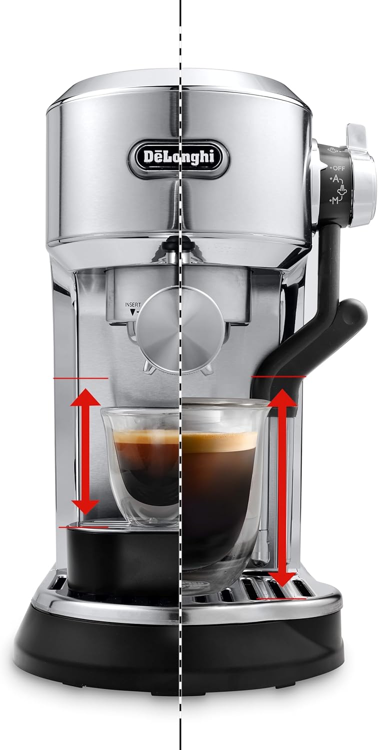 De'Longhi Dedica Maestro Plus EC950.M demonstrating adjustable cup height for different cup sizes.