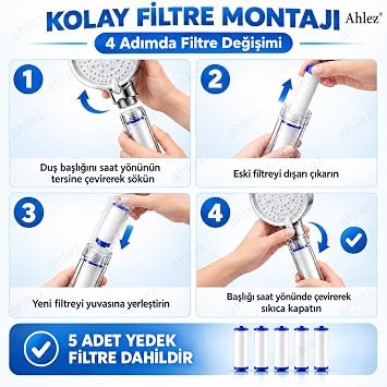 Filtreli Duş Başlığı, 5 Yedek Filtreli, Yüksek Basınçlı, Klor ve Kireç Önleyici, Su Arıtmalı (Beyaz)