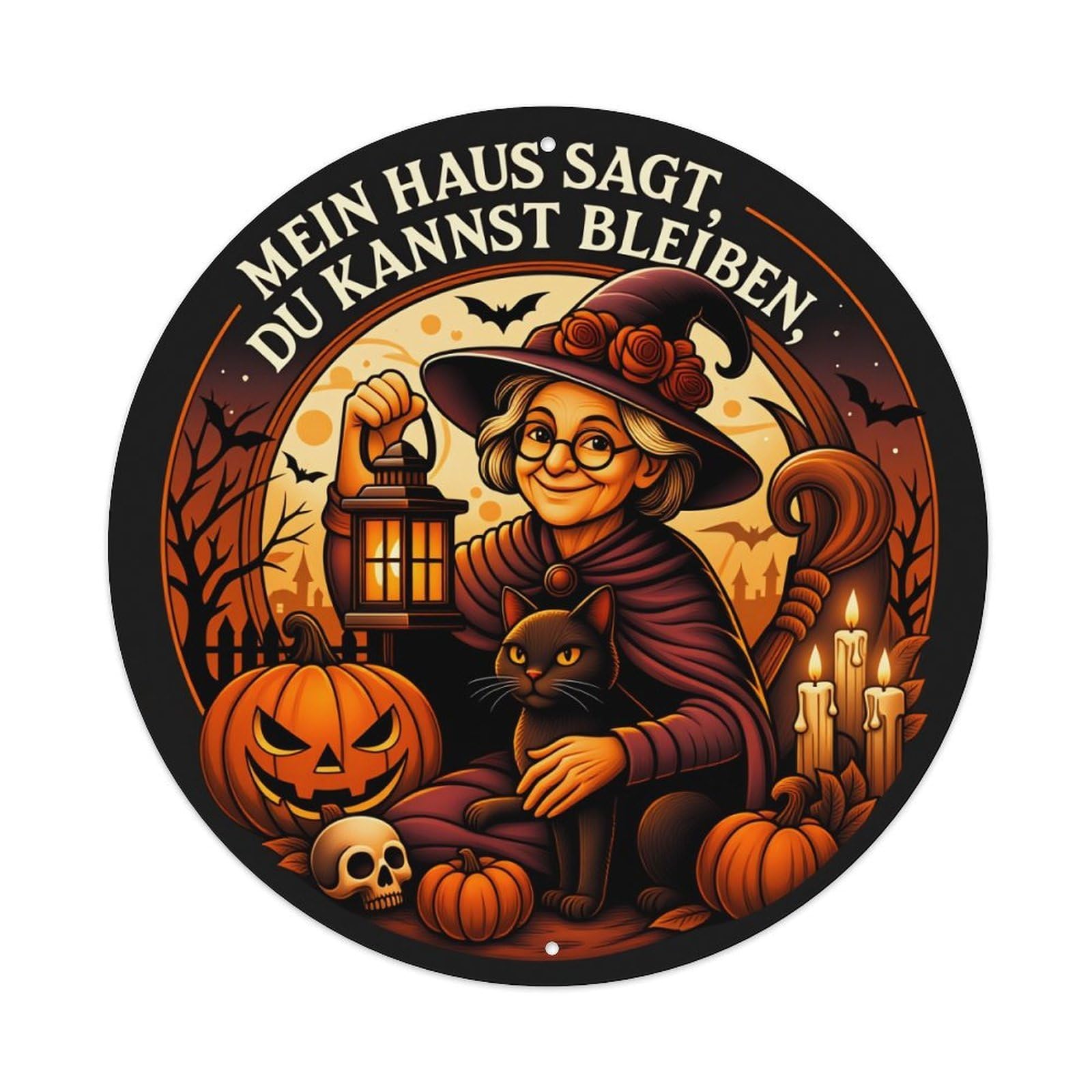 Witch Cat Pumpkin Candle Lantern Round Tin Sign Vintage Metal Poster Retro Bar, Home, Man Cave, Kitchen, Laundry Room Wall Art Decor Gift 8x8Inch