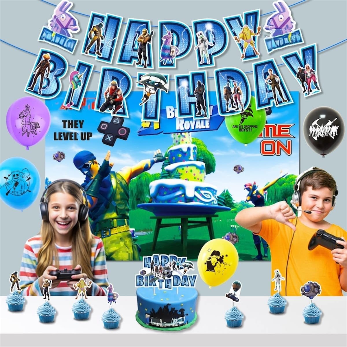 unisex Gamer Birthday Party Decorations Set, Happy Birthday Banner, 20 Latex Balloons, 16 Cake Toppers, Party Backdrop, Gaming Theme for boys girls gamers teens