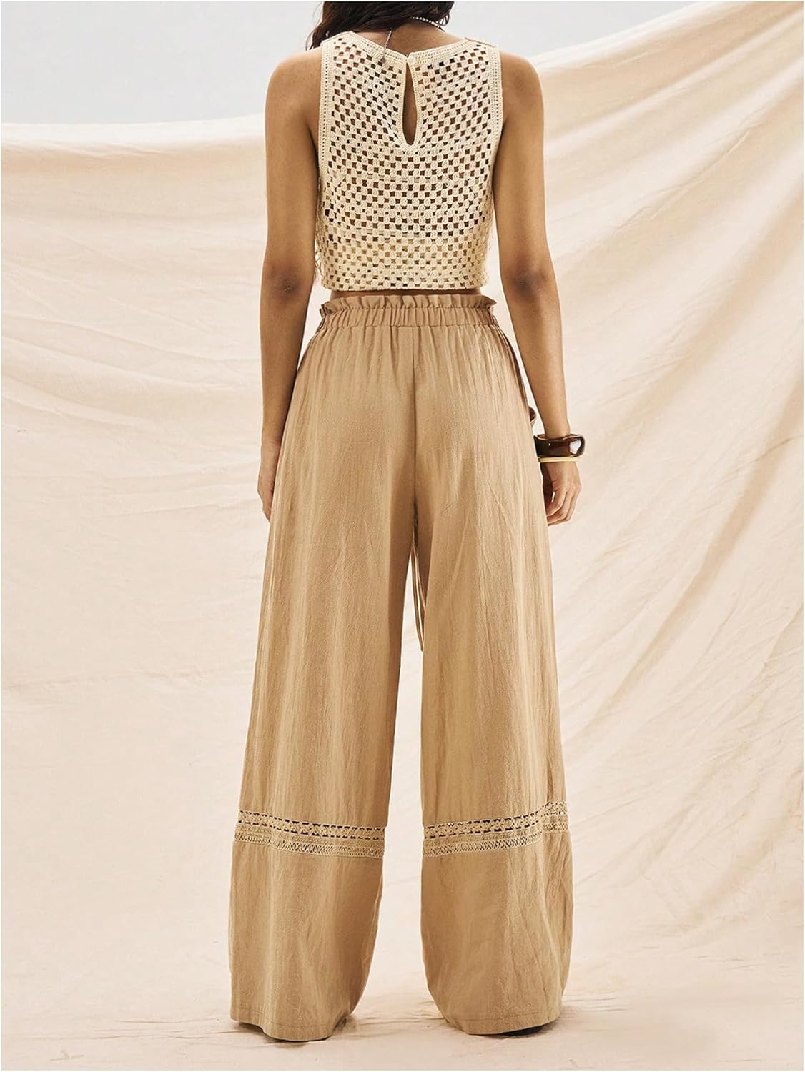 MakeMeChic Women's Wide Leg Pants Lace Drawstring High Waist Palazzo Trousers - Image 2