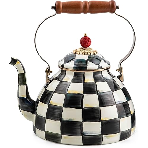 MACKENZIE-CHILDS Enamel Tea Kettle, Stylish Tea Kettle for Stovetop, Black-and-White Courtly Check, 3 Quarts