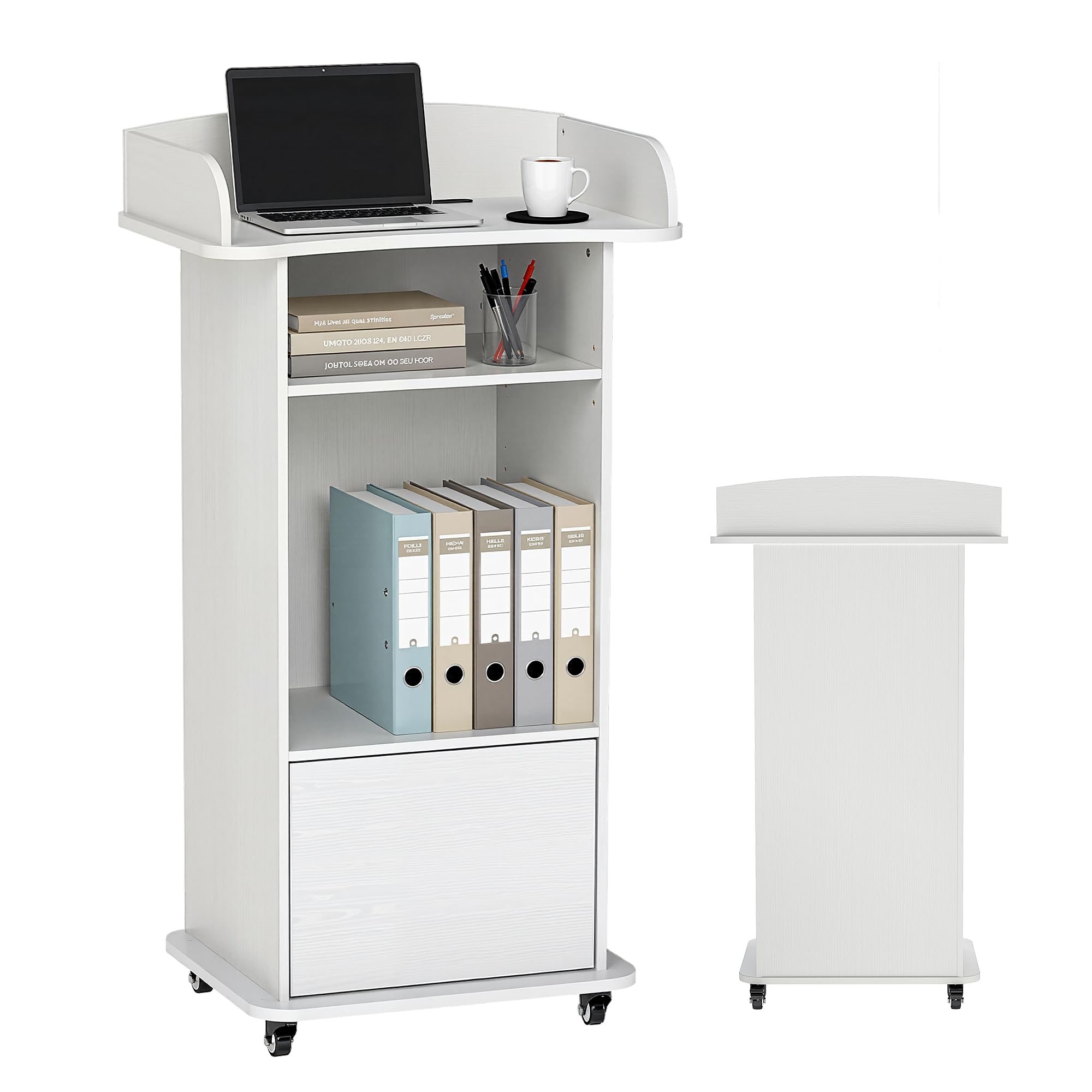 Suuiwau Portable Podium Stand with Adjustable Shelf & Lockable Wheels