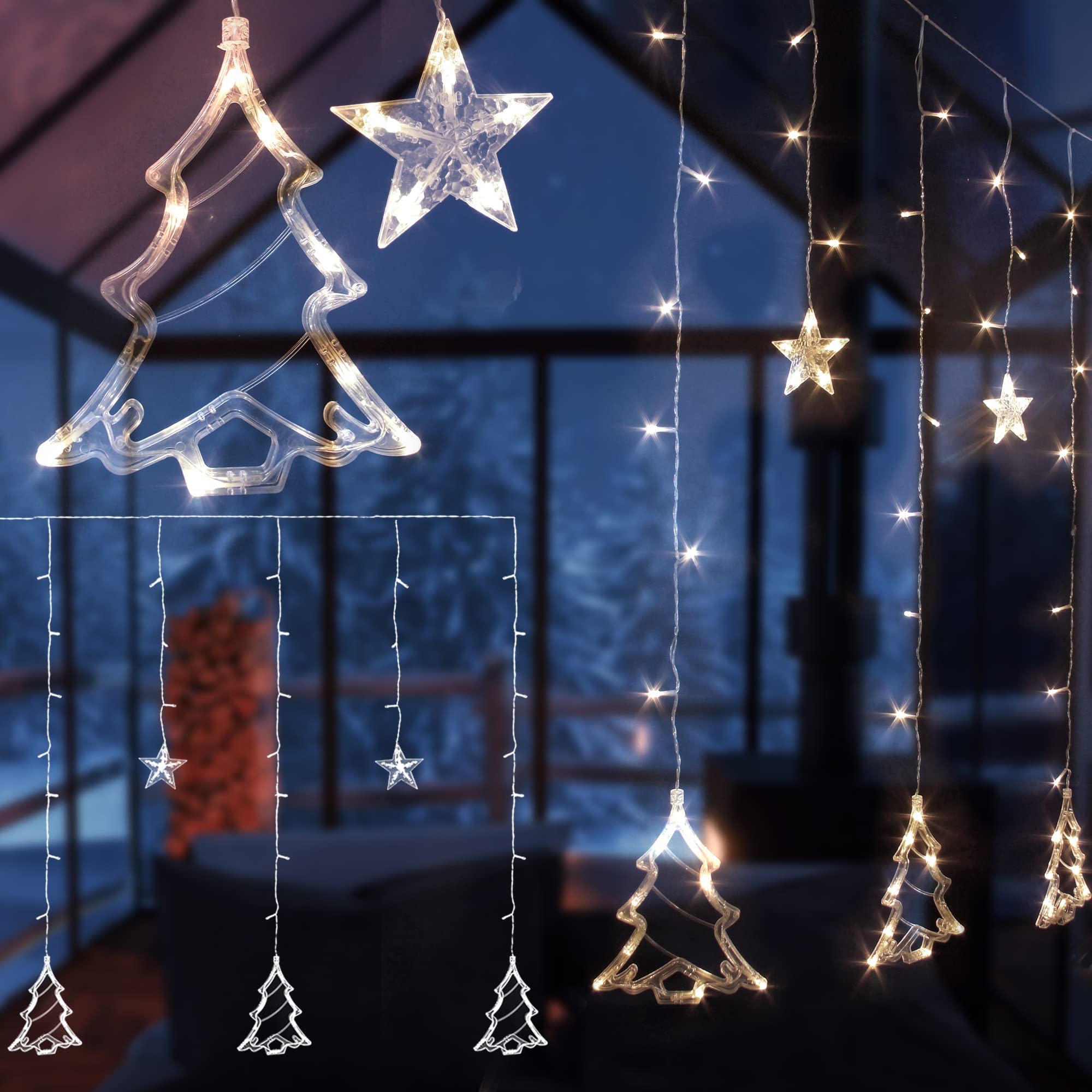 ECD Germany Kurtyna swietlna LED 220 cm ze 138 diodami LED cieply bialy, choinki i gwiazdy, 8 funkcji, dekoracja swiateczna okna do wewnatrz/na zewnatrz, lancuch swietlny swiateczny oswietlenie
