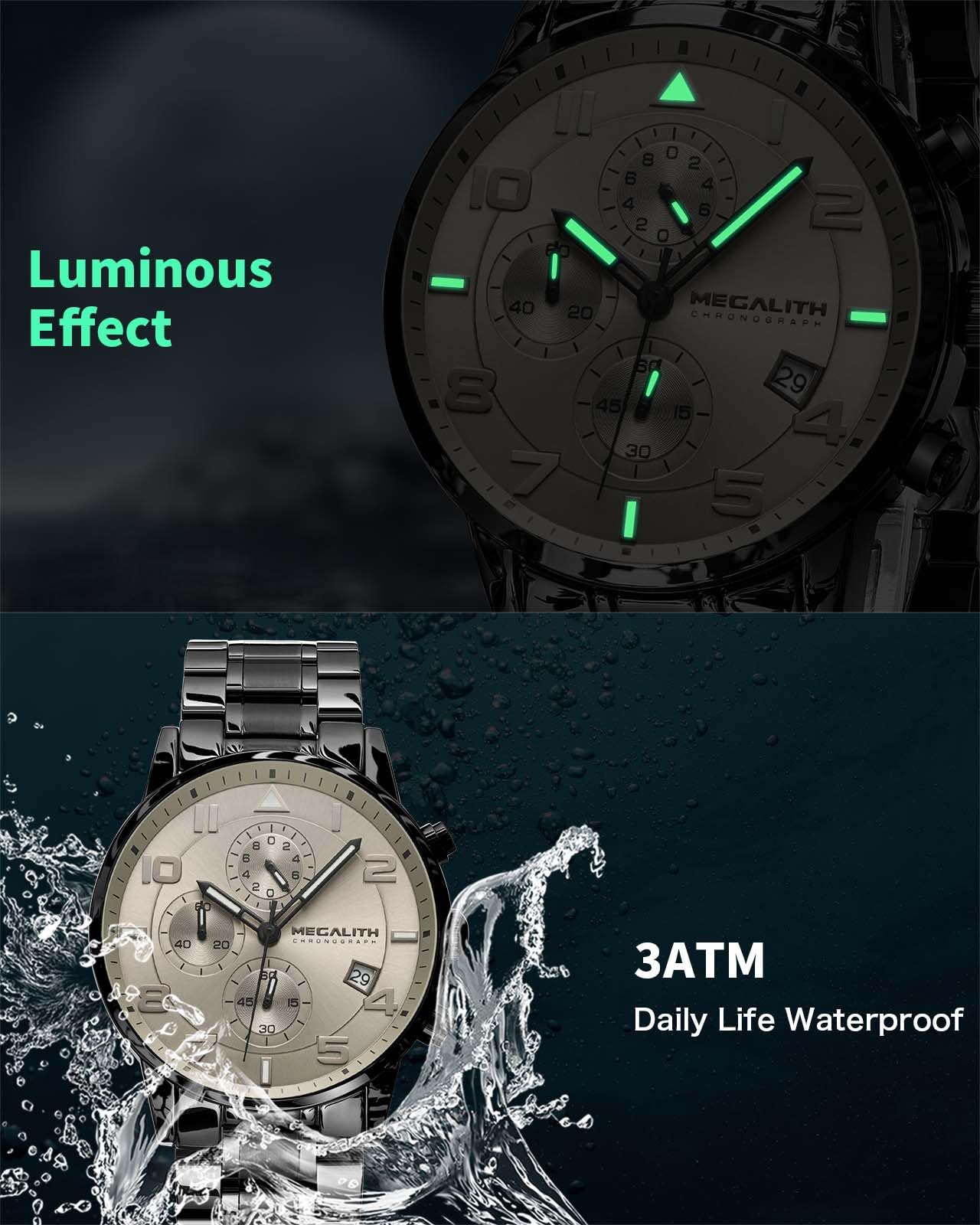 MEGALITH Montre Homme Chronographe Analogique: Grand 44 mm Quartz Etanche | Montre Habillée Acier Inoxydable avec Date Aiguille Lumineuse pour Travail et Loisirs Quotidiens - Cadeau pour Père Mari Fils