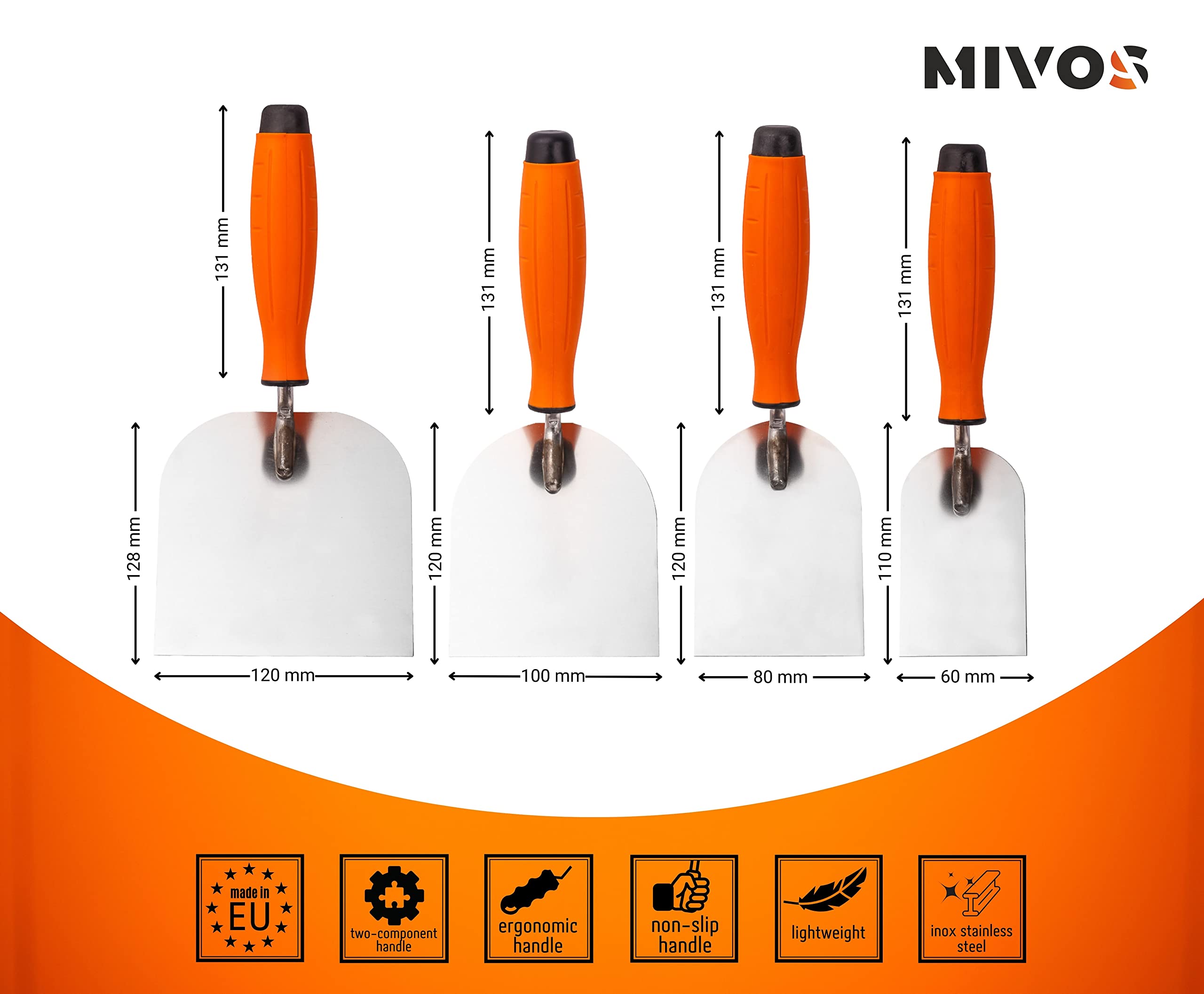 Mivos Stainless Steel Trowel Set, 4 Pieces, 60 mm, 80 mm, 100 mm, 120 mm, Stainless Steel Trowels - Image 2