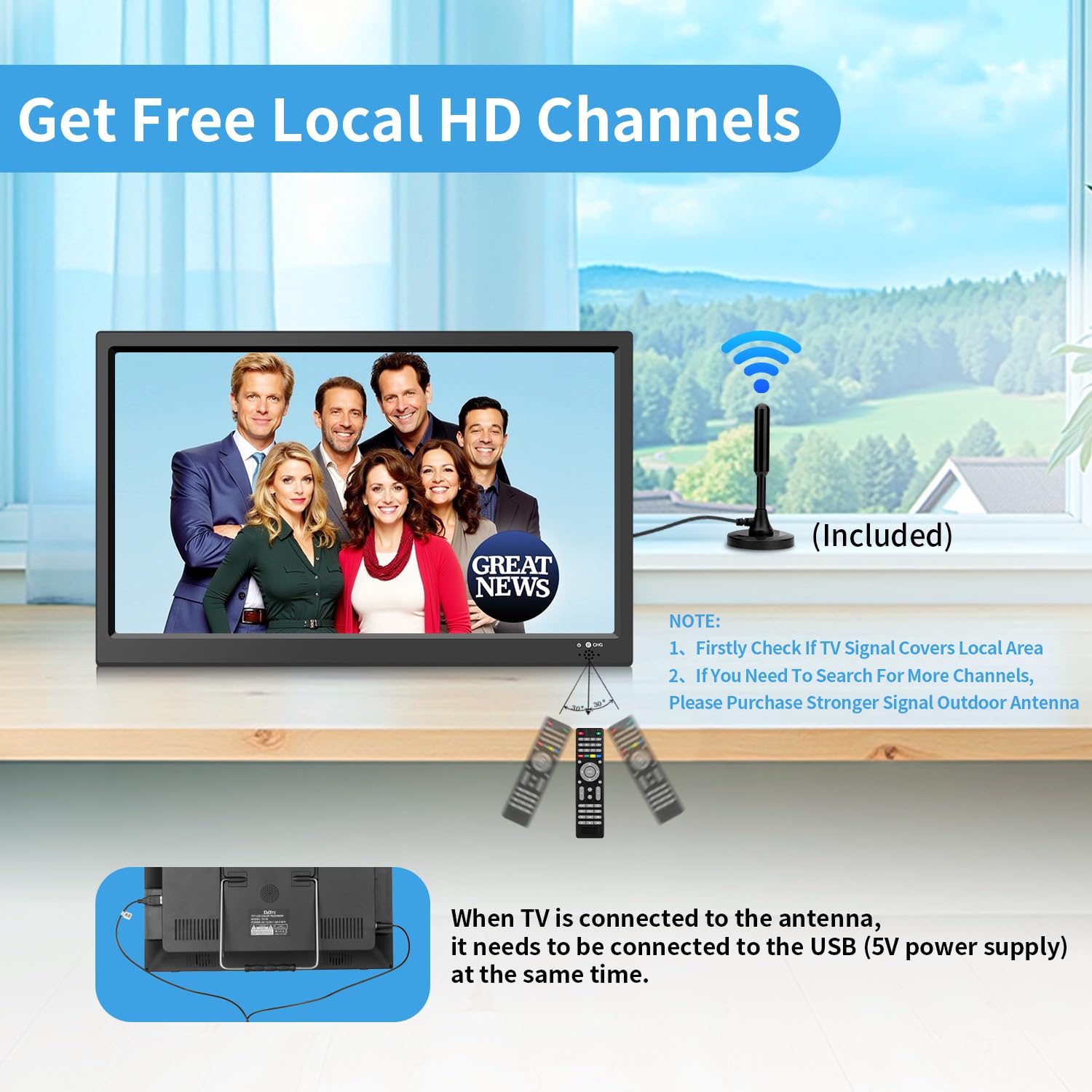 KCR 15,6-Zoll Digital TV, DVB-T2 Tuner, mit Netzkabel und 12 Volt Ladekabel, AV Eingang, HDMI Eingang, USB Slot, Fernbedienung, Tv Freeview