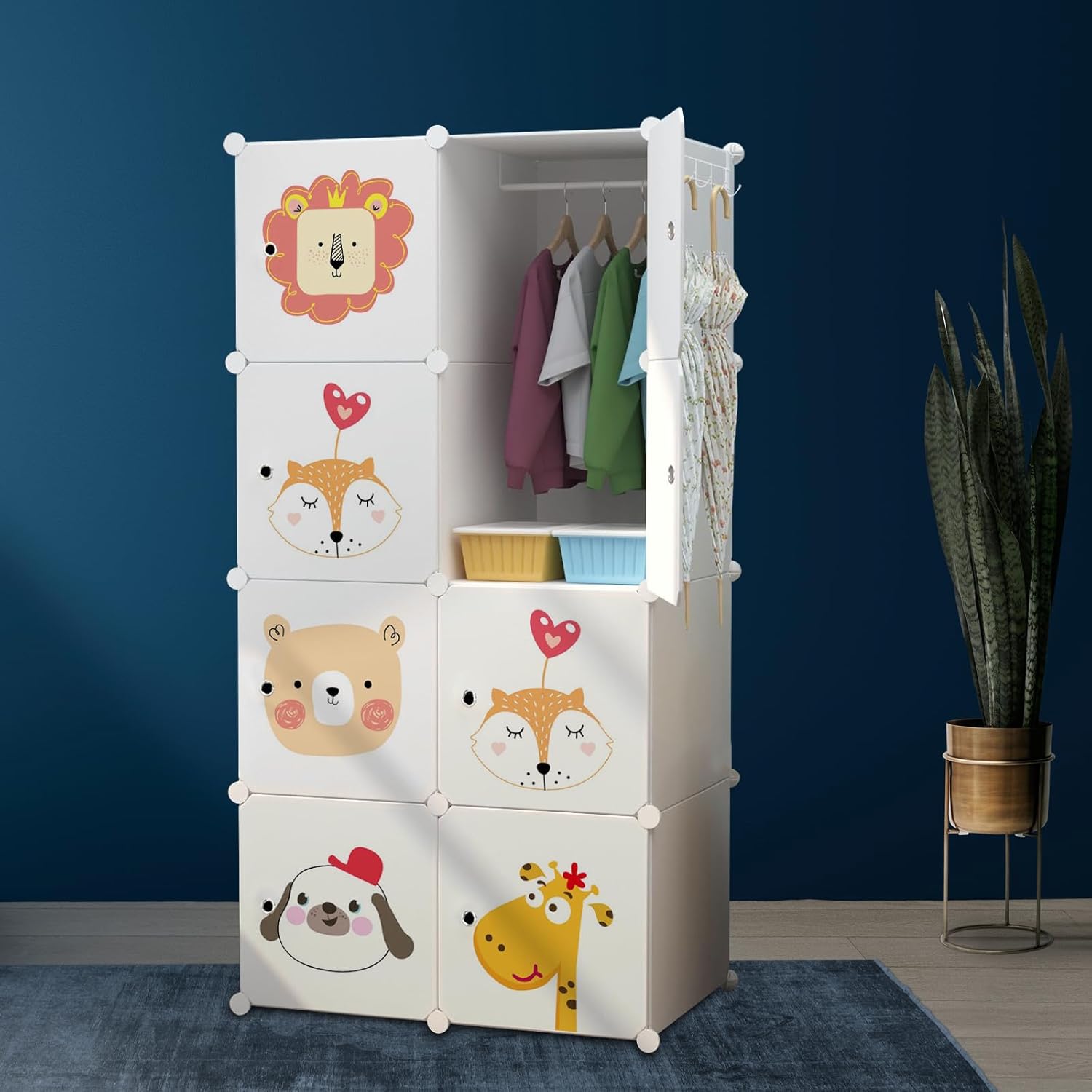 CoolLeaf Cupboard for Bedroom,Plastic Wardrobe for Kids, 8 Cubes Baby Cupboard for Storage,Collapsible Wardrobe for Clothes/Toy/Book, Plastic Almirah with Soft Sheets Metal Hook,White Cartoon (CW-WC8) CoolLeaf Cupboard for Bedroom,Plastic Wardrobe for Kids, 8 Cubes Baby Cupboard for Storage,Collapsible Wardrobe for Clothes/Toy/Book, Plastic Almirah with Soft Sheets Metal Hook,White Cartoon (CW-WC8)