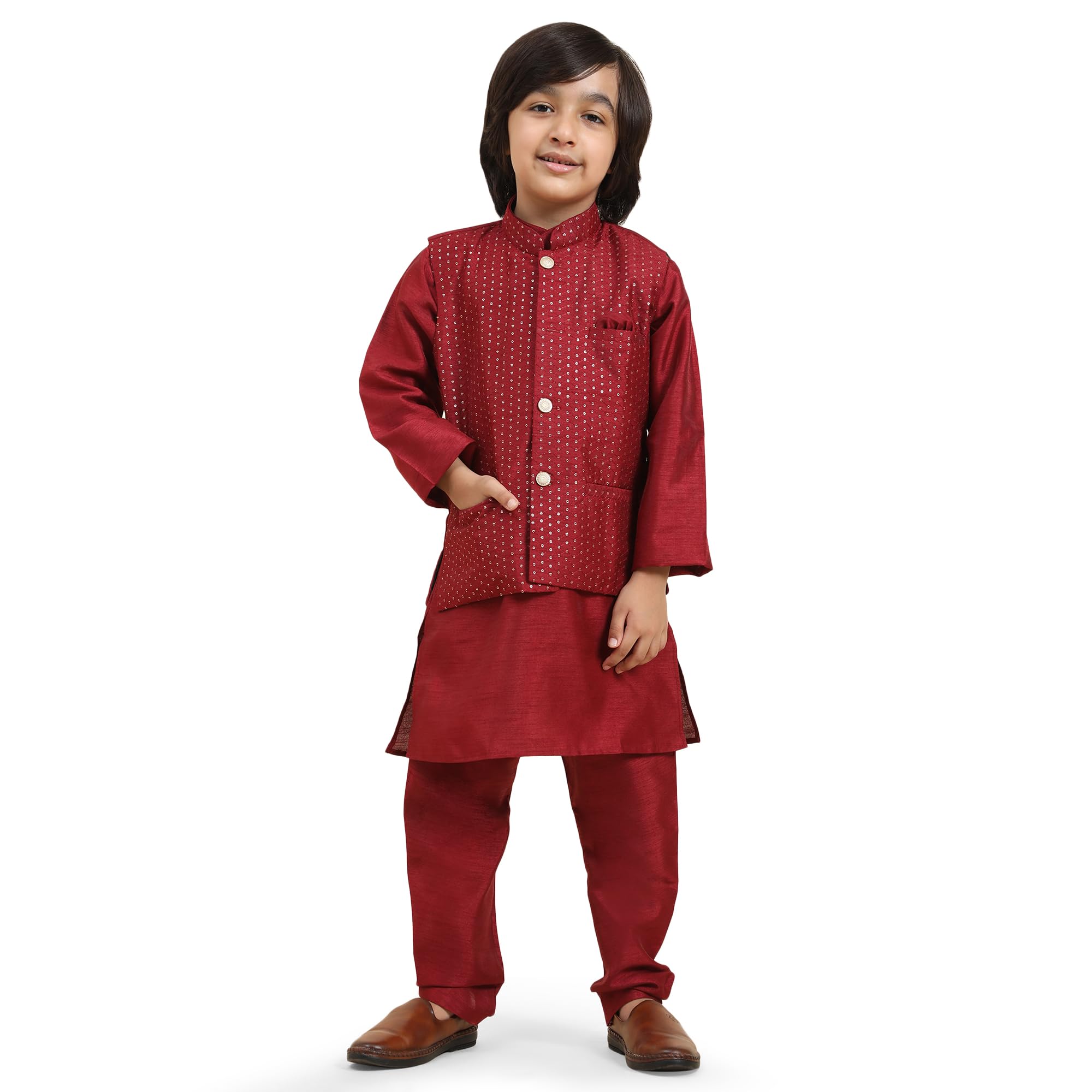 Pro-Ethic Style DeveloperKurta Pajama For Kids Boys With Waistcoat | Silk | Floral | Traditional Dress (S-200)