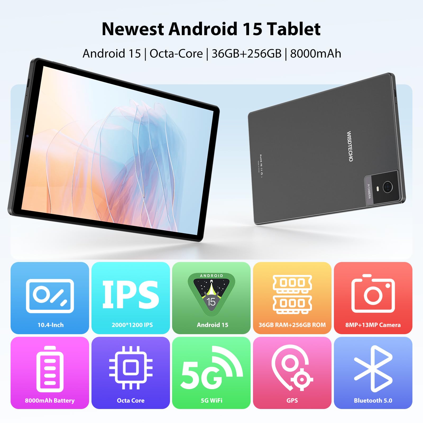 WISDTECHO Tablet 10.4 Pollici con Tastiera, Android 15 Tablet con 36GB RAM+256GB ROM(TF 1TB), 5G WiFi, IPS 2K HD, 8000mAh, Octa-Core, 13MP+8MP, Bluetooth 5.0, Tablets in offerta e Mouse,Custodia, Nero