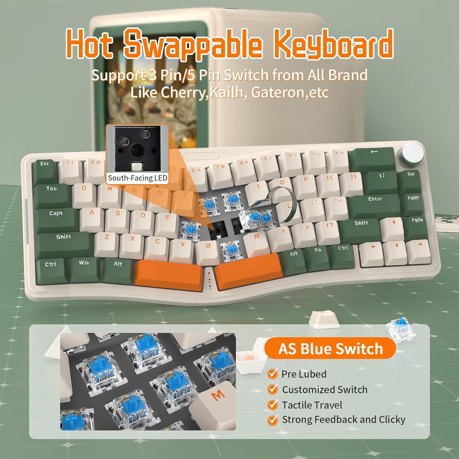 ATTACK SHARK AKS068 Wired Mechanical Gaming Keyboard 65% Alice Layout Hot-swapped Gasket Mount with RGB Backlit VIA Programmable Knob NKRO TKL AS Pre-lubed Clicky Blue Switch for Win/Mac(Green)