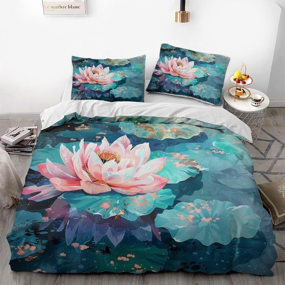 Housse de couette 200x200 lotus anti-plis et facile à changer avec zip
