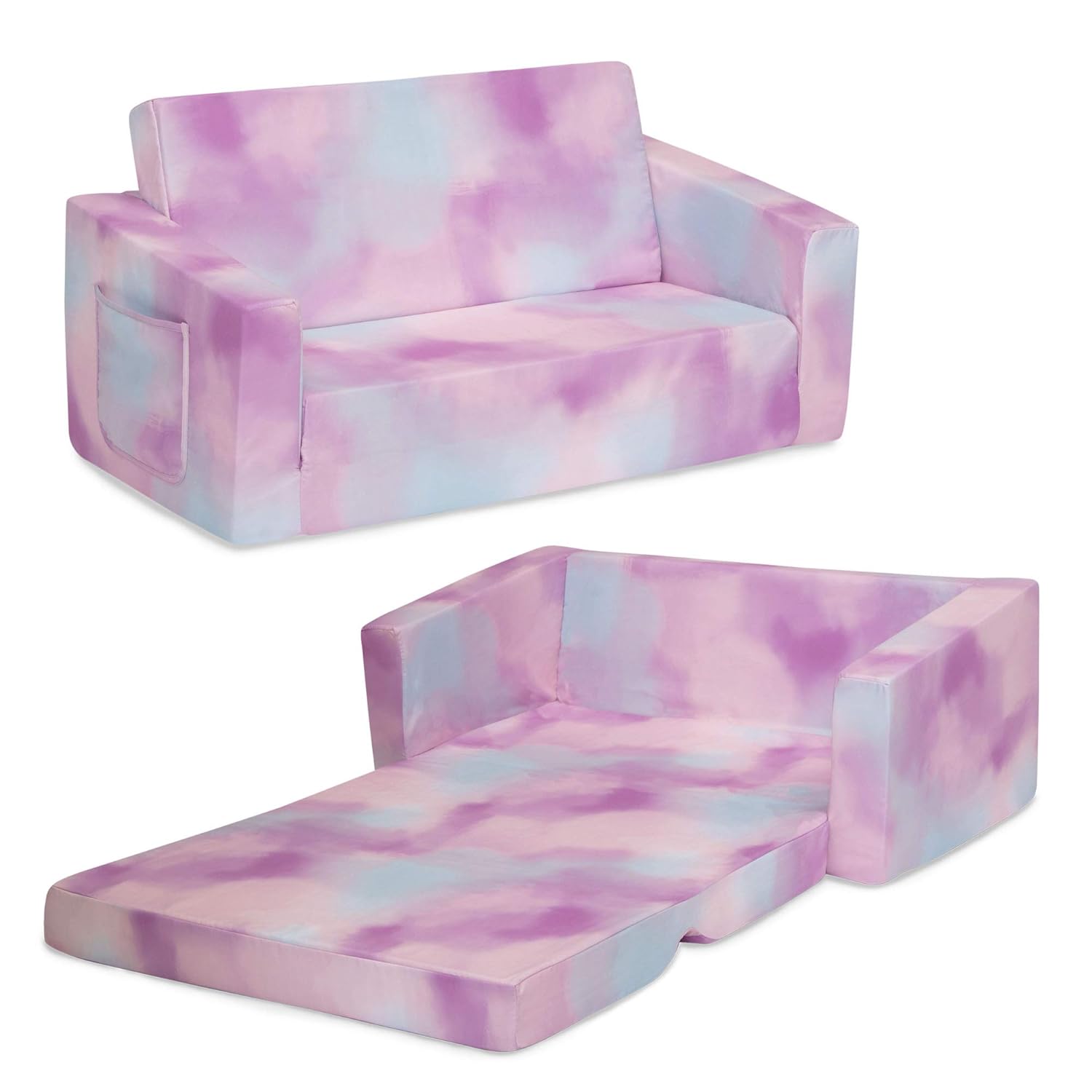 Delta Children Cozee 2-in-1 Extra Wide Convertible Sofa to Lounger-Comfy Flip Open Couch/Sleeper for Kids, Pink Tie Dye - Image 4