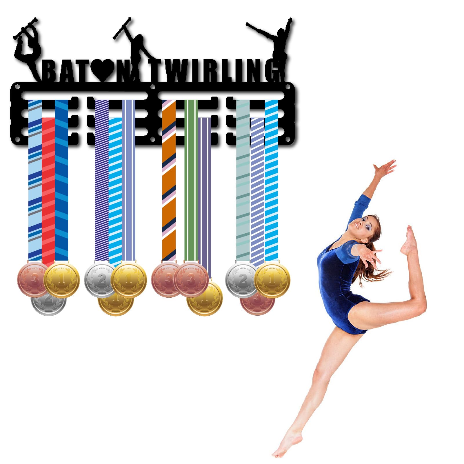 CREATCABIN Baton Twirling Porta Medaglie Porta Medaglie Telaio A Parete Scaffale Sport Ginnastica Medaglie Organizzatore Ganci Rack Regalo Ginnasta Atleta Vincitore Gara Medaglia Donna 13x29cm Nero