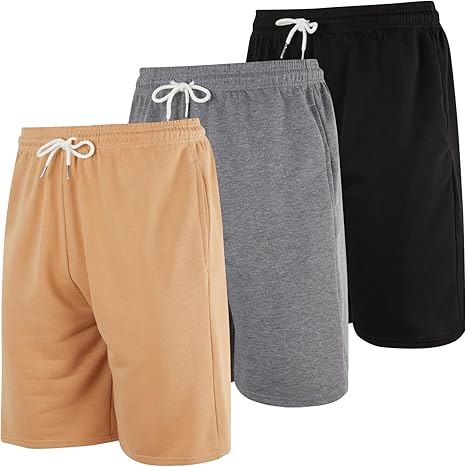 Real Essentials 3 Pack: Men's Cotton 9" French Terry Casual Lounge Sweat Shorts with Pockets (Available in Big & Tall)