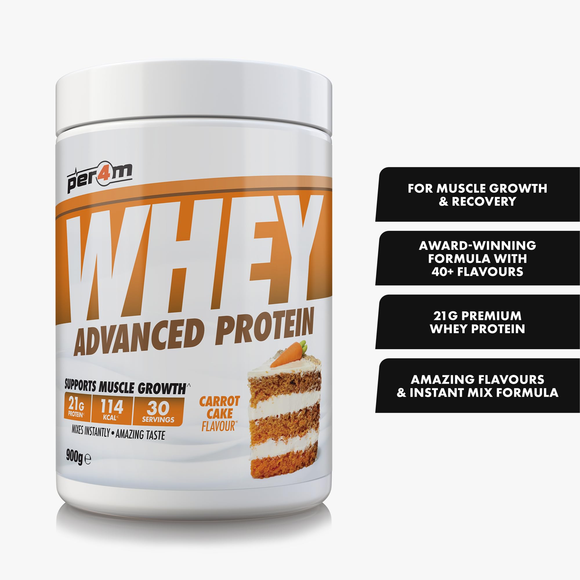 Per4m Whey Protein, Odżywka Białkowa WPC, 24 g Białka na Porcję, Budowanie Masy Mięśniowej i Szybka Regeneracja Po Treningu Siłowym dla Aktywnych Sportowców, Suplement Sportowy – Carrot Cake – 900 g