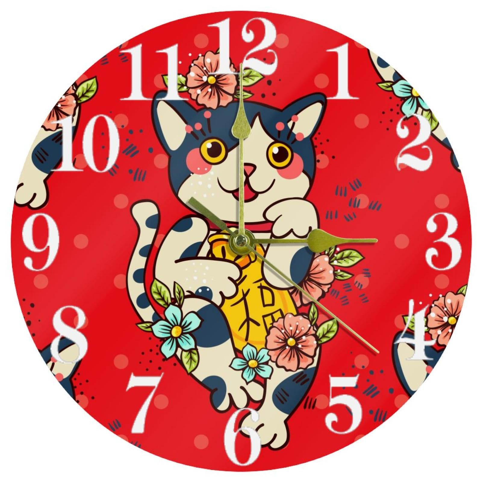 Horloge murale silencieuse Maneki Neko pour dormir sans tic-tac