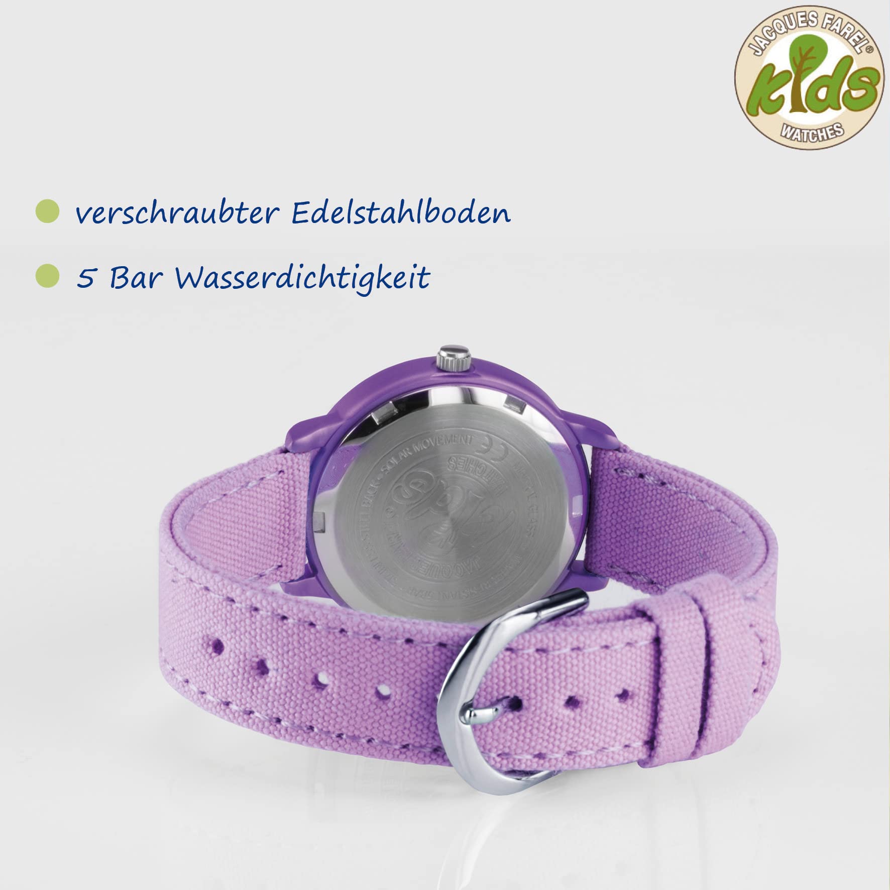 Jacques FAREL Solaruhr Lernuhr Öko Kinderarmbanduhr Mädchen Analog Quarz mit Textilarmband aus Bio-Baumwolle Lila Violett Nachhaltig ORSO 3110