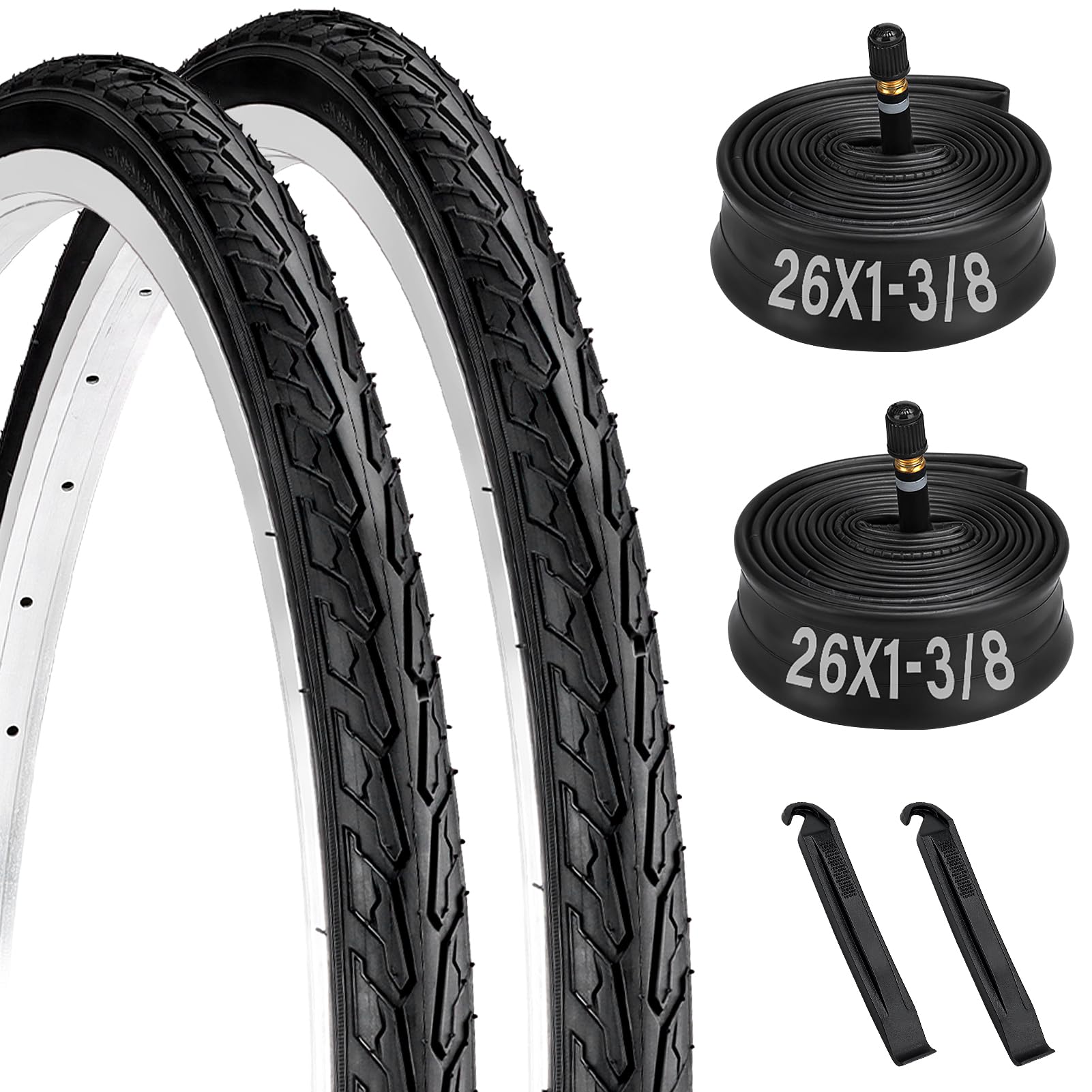2 PCS (37-590) 26x1 3/8 Bike Tires, 26 x 1 3/8 Bicycle Tire and Tube with Schrader Valve, 26 Inch Folding Replacement Bike Tires with Tire Levers for Urban City Commuter/Cruiser/Road Bikes