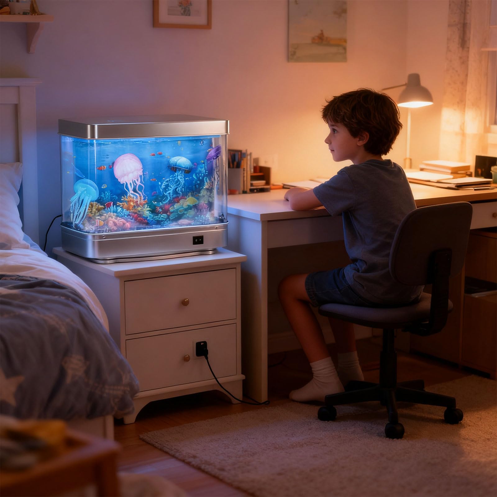 Lampada decorativa per acquario, a forma di medusa, in plastica ABS, illuminazione a LED sicura, alimentazione USB, lampada da scrivania per casa, ufficio, luce notturna a meduse