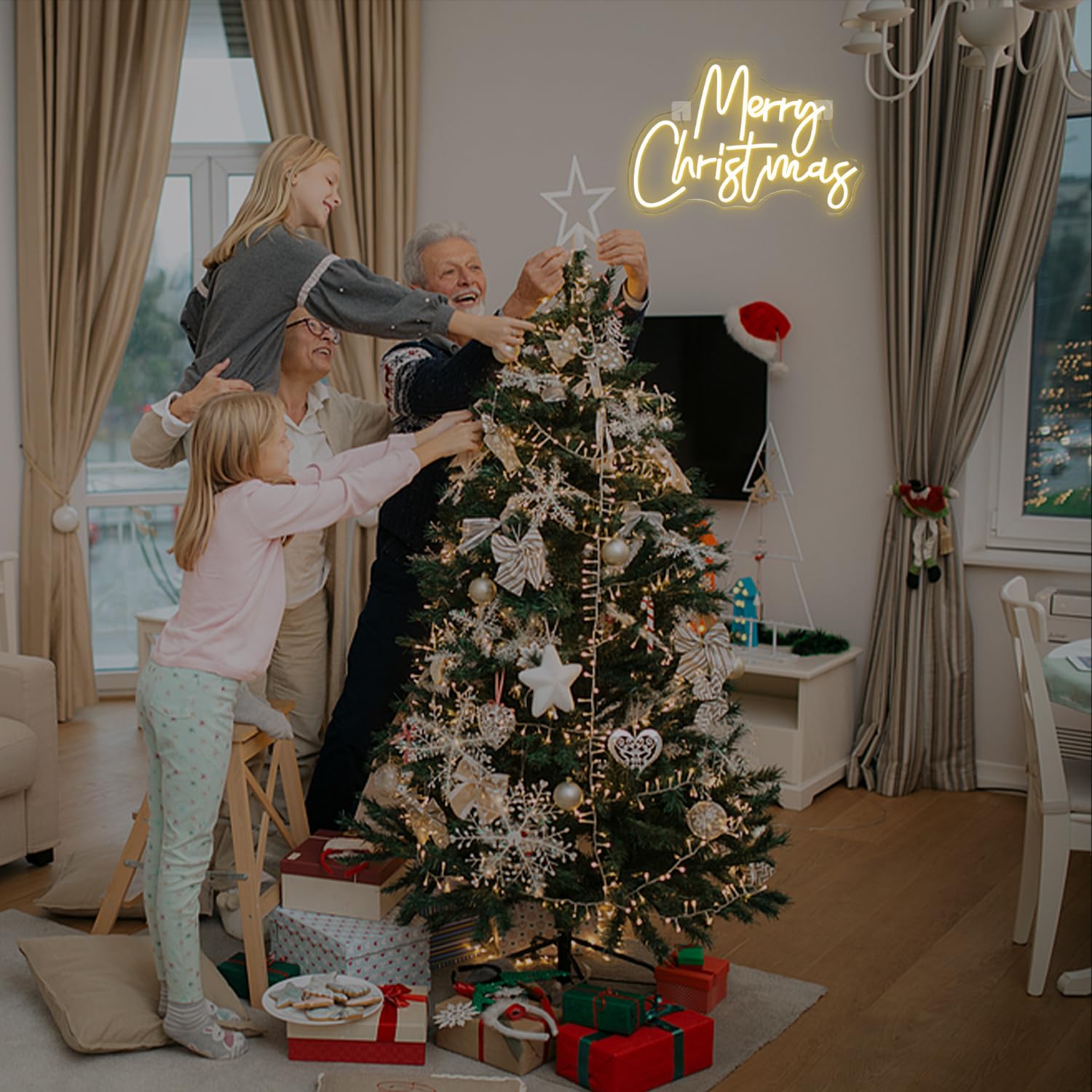 Ineonlife Merry Christmas Panneau Néon, Néon LED blanc chaud pour décoration murale, Panneau lumineux USB dimmable pour la maison, le bar, le salon, la chambre, la fête de Noël