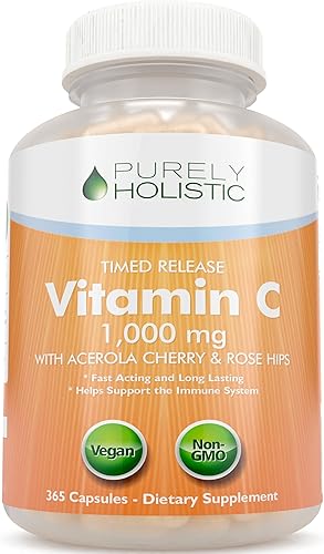 Vitamina C 1000 mg 365 cápsulas, liberación de tiempo de 2 etapas con ácido ascórbico, bioflavonoide de cereza acerola, suministro de un año,