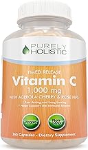 Purely Holistic Vitamin C 1000mg, 365 Capsules, 12 Month Supply, 2 Stage Timed Release with Ascorbic Acid, Rosehip & Acerola Cherry Bioflavonoid, Immune System Support, Vegan