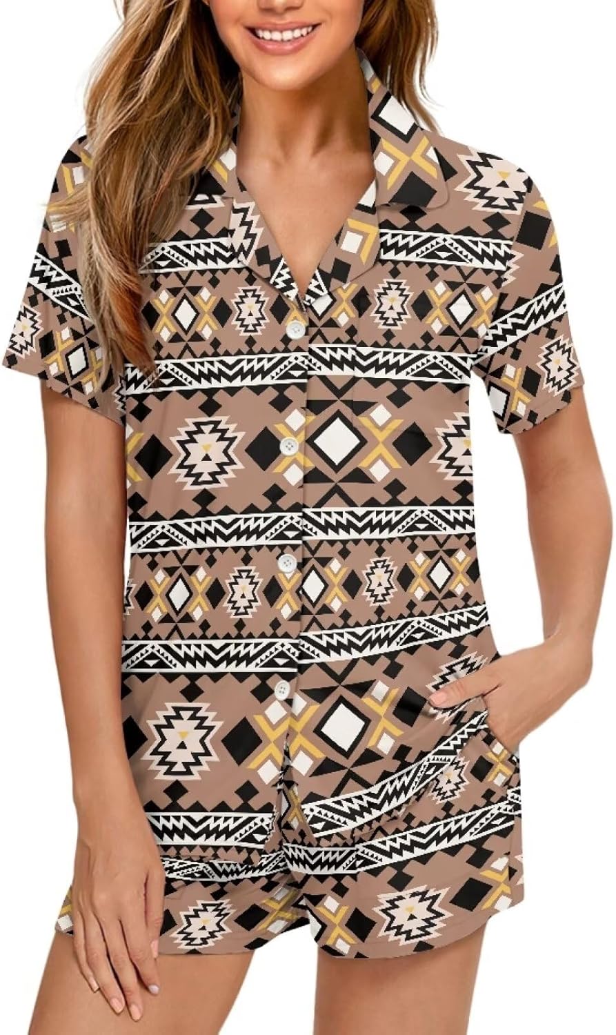 Aztec Women'S Pajama Sets 3D Print Native American Pattern Pajama Sets For Women 2 Piece Short Sleeve