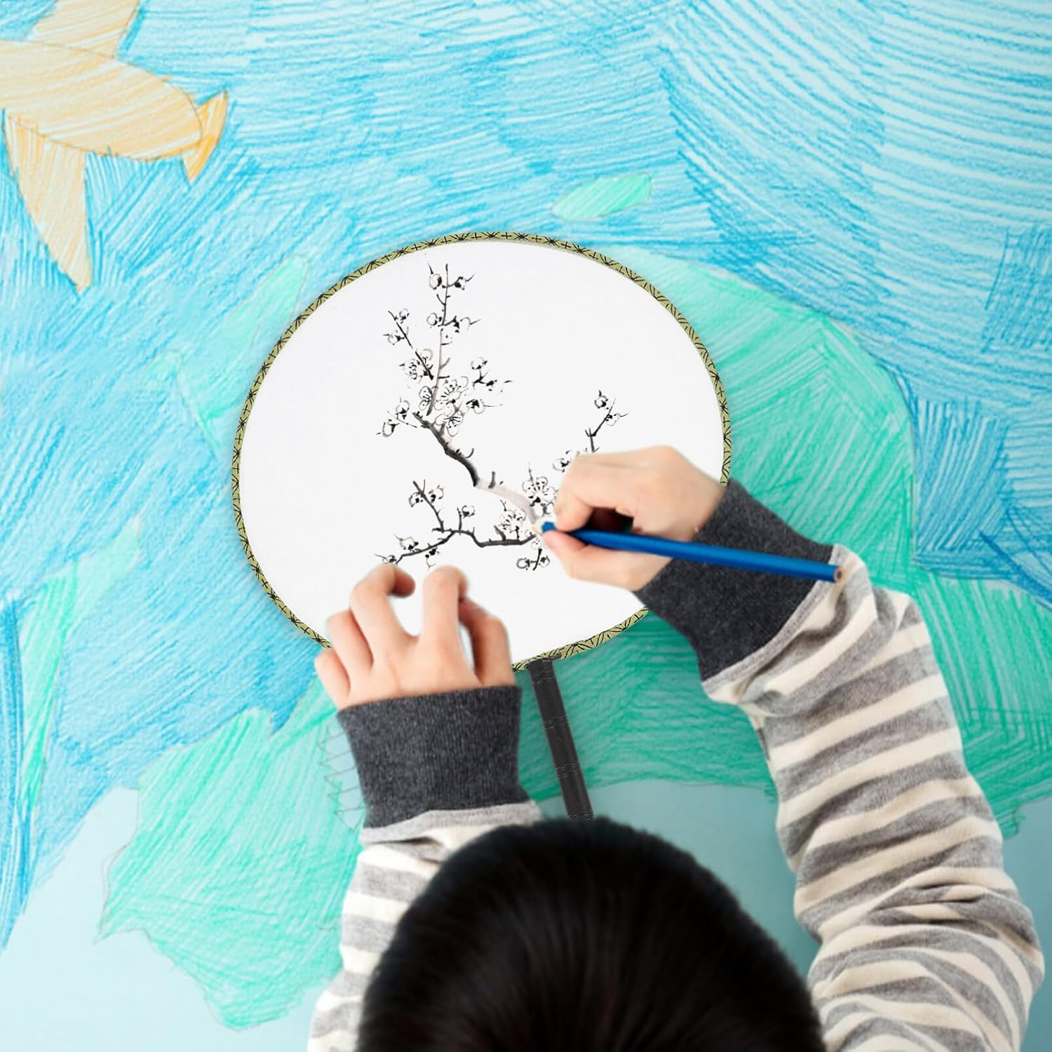 EXCEART Hand Cloth Fan Painting Diy Kit 12 Inch Round Blank Silk Fan for Creative Art Projects and Family Craft Activities