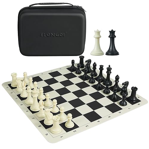 ELONGDI Tournament Chess Set with 20" Silicone Chess Board Mat - 4" King Plastic Weighted Staunton Pieces 2 Extra Queens - Portable EVA Carrying Case for Travel
